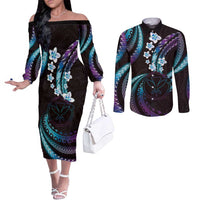 Hawaii Map Kanaka Maoli Couples Matching Off The Shoulder Long Sleeve Dress and Long Sleeve Button Shirt Fantastic Frangipani Amethyst Gradient LT01 Purple - Polynesian Pride
