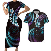 Hawaii Map Kanaka Maoli Couples Matching Short Sleeve Bodycon Dress and Hawaiian Shirt Fantastic Frangipani Amethyst Gradient LT01 Purple - Polynesian Pride