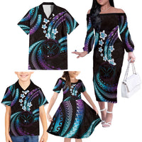 Hawaii Map Kanaka Maoli Family Matching Off The Shoulder Long Sleeve Dress and Hawaiian Shirt Fantastic Frangipani Amethyst Gradient LT01 - Polynesian Pride