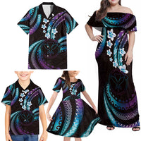 Hawaii Map Kanaka Maoli Family Matching Off Shoulder Maxi Dress and Hawaiian Shirt Fantastic Frangipani Amethyst Gradient LT01 - Polynesian Pride