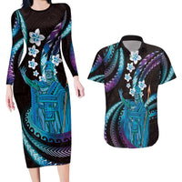 Hawaii King Kamehameha Couples Matching Long Sleeve Bodycon Dress and Hawaiian Shirt Fantastic Plumeria Amethyst Gradient LT01 Purple - Polynesian Pride