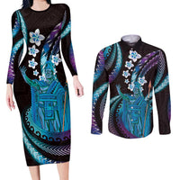 Hawaii King Kamehameha Couples Matching Long Sleeve Bodycon Dress and Long Sleeve Button Shirt Fantastic Plumeria Amethyst Gradient LT01 Purple - Polynesian Pride