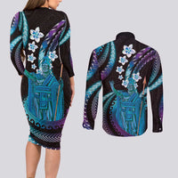 Hawaii King Kamehameha Couples Matching Long Sleeve Bodycon Dress and Long Sleeve Button Shirt Fantastic Plumeria Amethyst Gradient LT01 - Polynesian Pride