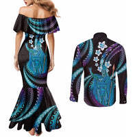 Hawaii King Kamehameha Couples Matching Mermaid Dress and Long Sleeve Button Shirt Fantastic Plumeria Amethyst Gradient LT01 - Polynesian Pride