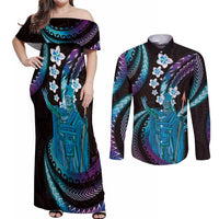 Hawaii King Kamehameha Couples Matching Off Shoulder Maxi Dress and Long Sleeve Button Shirt Fantastic Plumeria Amethyst Gradient LT01 Purple - Polynesian Pride