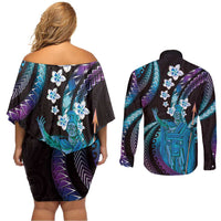 Hawaii King Kamehameha Couples Matching Off Shoulder Short Dress and Long Sleeve Button Shirt Fantastic Plumeria Amethyst Gradient LT01 - Polynesian Pride