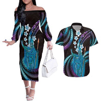 Hawaii King Kamehameha Couples Matching Off The Shoulder Long Sleeve Dress and Hawaiian Shirt Fantastic Plumeria Amethyst Gradient LT01 Purple - Polynesian Pride