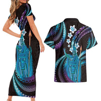 Hawaii King Kamehameha Couples Matching Short Sleeve Bodycon Dress and Hawaiian Shirt Fantastic Plumeria Amethyst Gradient LT01 - Polynesian Pride