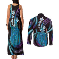 Hawaii King Kamehameha Couples Matching Tank Maxi Dress and Long Sleeve Button Shirt Fantastic Plumeria Amethyst Gradient LT01 - Polynesian Pride