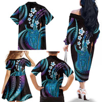 Hawaii King Kamehameha Family Matching Off The Shoulder Long Sleeve Dress and Hawaiian Shirt Fantastic Plumeria Amethyst Gradient LT01 - Polynesian Pride