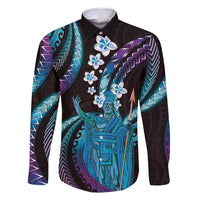 Hawaii King Kamehameha Family Matching Off Shoulder Short Dress and Hawaiian Shirt Fantastic Plumeria Amethyst Gradient LT01 Dad's Shirt - Long Sleeve Purple - Polynesian Pride