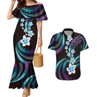 Hawaii Plumeria Couples Matching Mermaid Dress and Hawaiian Shirt Amethyst Gradient Polynesian Pattern