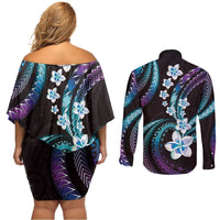 Hawaii Plumeria Couples Matching Off Shoulder Short Dress and Long Sleeve Button Shirt Amethyst Gradient Polynesian Pattern