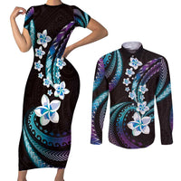 Hawaii Plumeria Couples Matching Short Sleeve Bodycon Dress and Long Sleeve Button Shirt Amethyst Gradient Polynesian Pattern
