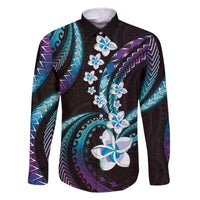 Hawaii Plumeria Family Matching Off The Shoulder Long Sleeve Dress and Hawaiian Shirt Amethyst Gradient Polynesian Pattern