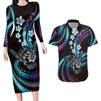 Hawaii Shaka Sign Couples Matching Long Sleeve Bodycon Dress and Hawaiian Shirt Fantastic Frangipani Amethyst Gradient LT01 Purple - Polynesian Pride
