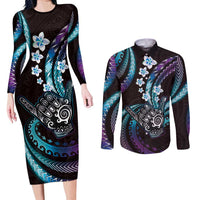 Hawaii Shaka Sign Couples Matching Long Sleeve Bodycon Dress and Long Sleeve Button Shirt Fantastic Frangipani Amethyst Gradient LT01 Purple - Polynesian Pride