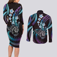 Hawaii Shaka Sign Couples Matching Long Sleeve Bodycon Dress and Long Sleeve Button Shirt Fantastic Frangipani Amethyst Gradient LT01 - Polynesian Pride