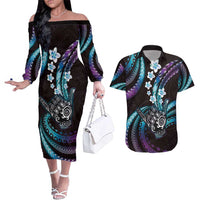 Hawaii Shaka Sign Couples Matching Off The Shoulder Long Sleeve Dress and Hawaiian Shirt Fantastic Frangipani Amethyst Gradient LT01 Purple - Polynesian Pride