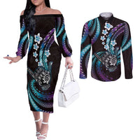 Hawaii Shaka Sign Couples Matching Off The Shoulder Long Sleeve Dress and Long Sleeve Button Shirt Fantastic Frangipani Amethyst Gradient LT01 Purple - Polynesian Pride