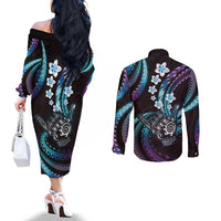 Hawaii Shaka Sign Couples Matching Off The Shoulder Long Sleeve Dress and Long Sleeve Button Shirt Fantastic Frangipani Amethyst Gradient LT01 - Polynesian Pride