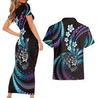 Hawaii Shaka Sign Couples Matching Short Sleeve Bodycon Dress and Hawaiian Shirt Fantastic Frangipani Amethyst Gradient LT01 - Polynesian Pride
