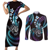 Hawaii Shaka Sign Couples Matching Short Sleeve Bodycon Dress and Long Sleeve Button Shirt Fantastic Frangipani Amethyst Gradient LT01 Purple - Polynesian Pride