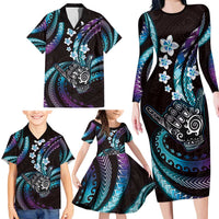 Hawaii Shaka Sign Family Matching Long Sleeve Bodycon Dress and Hawaiian Shirt Fantastic Frangipani Amethyst Gradient