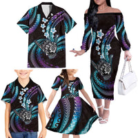 Hawaii Shaka Sign Family Matching Off The Shoulder Long Sleeve Dress and Hawaiian Shirt Fantastic Frangipani Amethyst Gradient