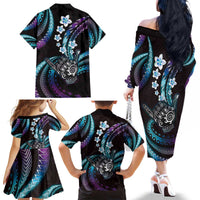 Hawaii Shaka Sign Family Matching Off The Shoulder Long Sleeve Dress and Hawaiian Shirt Fantastic Frangipani Amethyst Gradient