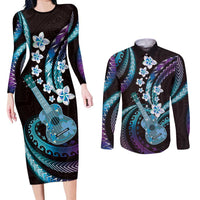 Hawaiian Ukulele Couples Matching Long Sleeve Bodycon Dress and Long Sleeve Button Shirt Amethyst Gradient Fantastic Plumeria LT01 Purple - Polynesian Pride