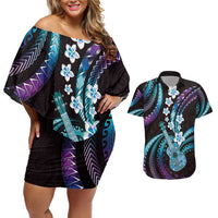 Hawaiian Ukulele Couples Matching Off Shoulder Short Dress and Hawaiian Shirt Amethyst Gradient Fantastic Plumeria LT01 Purple - Polynesian Pride