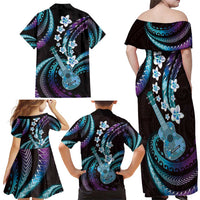 Hawaiian Ukulele Family Matching Off Shoulder Maxi Dress and Hawaiian Shirt Amethyst Gradient Fantastic Plumeria LT01 - Polynesian Pride
