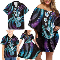 Hawaiian Ukulele Family Matching Off Shoulder Short Dress and Hawaiian Shirt Amethyst Gradient Fantastic Plumeria LT01 - Polynesian Pride