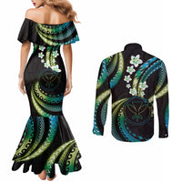 Hawaii Map Kanaka Maoli Couples Matching Mermaid Dress and Long Sleeve Button Shirt Fantastic Frangipani Chartreuse Cyan LT01 - Polynesian Pride
