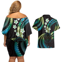 Hawaii Map Kanaka Maoli Couples Matching Off Shoulder Short Dress and Hawaiian Shirt Fantastic Frangipani Chartreuse Cyan LT01 - Polynesian Pride