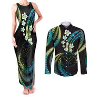 Hawaii Map Kanaka Maoli Couples Matching Tank Maxi Dress and Long Sleeve Button Shirt Fantastic Frangipani Chartreuse Cyan LT01 Cyan - Polynesian Pride