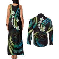 Hawaii Map Kanaka Maoli Couples Matching Tank Maxi Dress and Long Sleeve Button Shirt Fantastic Frangipani Chartreuse Cyan LT01 - Polynesian Pride