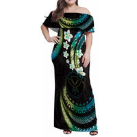 Hawaii Map Kanaka Maoli Family Matching Off Shoulder Maxi Dress and Hawaiian Shirt Fantastic Frangipani Chartreuse Cyan LT01 Mom's Dress Cyan - Polynesian Pride