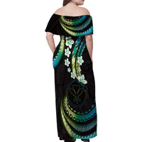 Hawaii Map Kanaka Maoli Family Matching Off Shoulder Maxi Dress and Hawaiian Shirt Fantastic Frangipani Chartreuse Cyan LT01 - Polynesian Pride