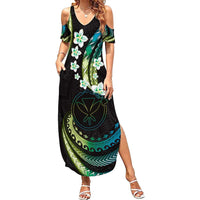 Hawaii Map Kanaka Maoli Family Matching Summer Maxi Dress and Hawaiian Shirt Fantastic Frangipani Chartreuse Cyan LT01 Mom's Dress Cyan - Polynesian Pride