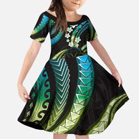 Hawaii Map Kanaka Maoli Family Matching Tank Maxi Dress and Hawaiian Shirt Fantastic Frangipani Chartreuse Cyan LT01 Daughter's Dress Cyan - Polynesian Pride
