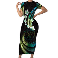 Hawaii Map Kanaka Maoli Short Sleeve Bodycon Dress Fantastic Frangipani Chartreuse Cyan LT01 Long Dress Cyan - Polynesian Pride