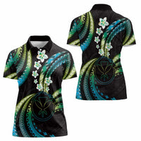 Hawaii Map Kanaka Maoli Women Polo Shirt Fantastic Frangipani Chartreuse Cyan LT01 - Polynesian Pride