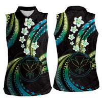 Hawaii Map Kanaka Maoli Women Sleeveless Polo Shirt Fantastic Frangipani Chartreuse Cyan LT01 - Polynesian Pride