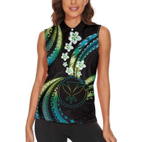 Hawaii Map Kanaka Maoli Women Sleeveless Polo Shirt Fantastic Frangipani Chartreuse Cyan LT01 - Polynesian Pride