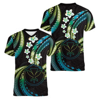 Hawaii Map Kanaka Maoli Women V-Neck T-Shirt Fantastic Frangipani Chartreuse Cyan LT01 - Polynesian Pride