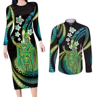 Hawaii King Kamehameha Couples Matching Long Sleeve Bodycon Dress and Long Sleeve Button Shirt Fantastic Plumeria Chartreuse Cyan LT01 Cyan - Polynesian Pride