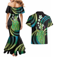 Hawaii King Kamehameha Couples Matching Mermaid Dress and Hawaiian Shirt Fantastic Plumeria Chartreuse Cyan LT01 - Polynesian Pride