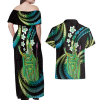 Hawaii King Kamehameha Couples Matching Off Shoulder Maxi Dress and Hawaiian Shirt Fantastic Plumeria Chartreuse Cyan